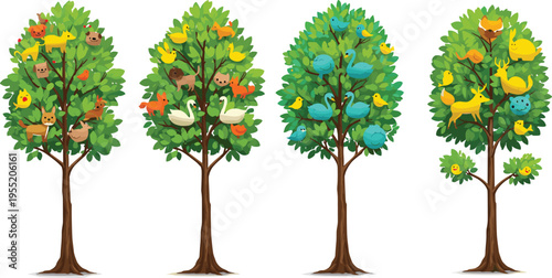 Colorful animal trees with cute forest creatures, birds, deer, swans, and playful wildlife illustration, nature fantasy vector design art