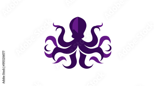 A geometric illustration of an octopus with stylized limbs, in deep purple hues