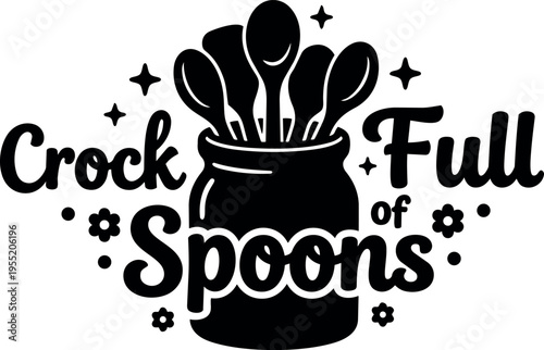 Crock full of spoons jar with multiple spoons and decorative flowers black and white vector art