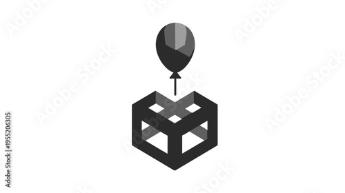 A grayscale illustration of a balloon rising above a cube-like structure, simple design