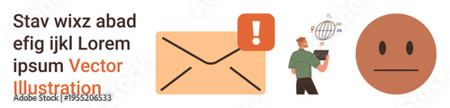 Online alerts, technology safety, email services, data protection, global communication, cybersecurity. Email envelope with alert icon and person viewing a tablet. Online alerts and technology safety