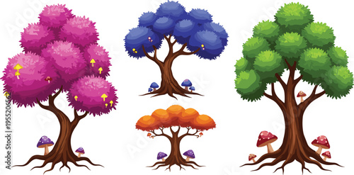Colorful fantasy trees with mushrooms illustration, magical forest landscape vector, vibrant nature design elements for decoration, fairytale style artwork collection.