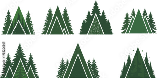 Minimalist mountain and pine tree illustration set with six different geometric styles, isolated on white background, perfect for outdoor adventure designs