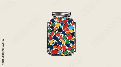 An illustration depicts a glass jar filled with colorful, abstract shapes on a light cream background