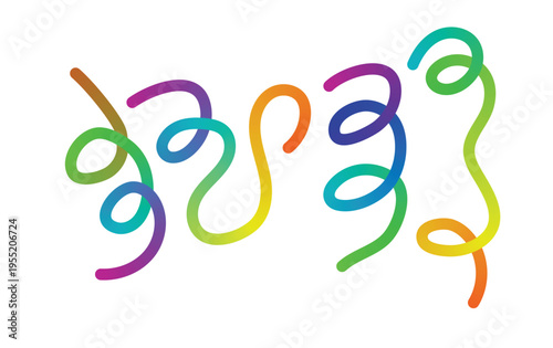 Collection of rainbow spiral scribbles and playful spring shapes on white canvas suitable for educational materials or cheerful nursery decor featuring diverse colorful curly line illustrations