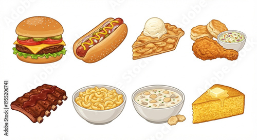 A mouth-watering collection of classic American comfort foods, including savory dishes and sweet treats, perfect for a satisfying and hearty meal