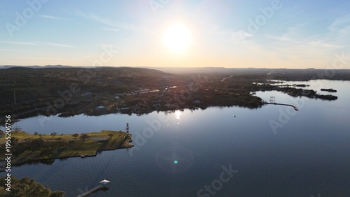 Aerial scenes of Lake Buchanan in the Central Texas Hill Country during sunset