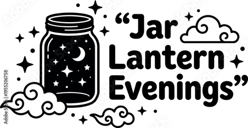 Black and white jar with moon and stars and jar lantern evenings text vector art