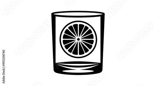 A black and white illustration of a glass with a citrus slice inside, set against a white backdrop