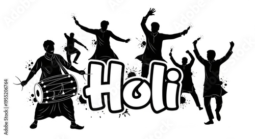 Black silhouette illustration of Indian men celebrating Holi festival with traditional dhol drum, dancing, and jumping joyfully around large Holi text
