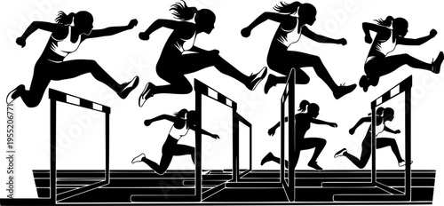 Athletics hurdles silhouette set, female runners jumping over obstacles, track and field athletes training, sprinting competition, sports icons isolated on white background