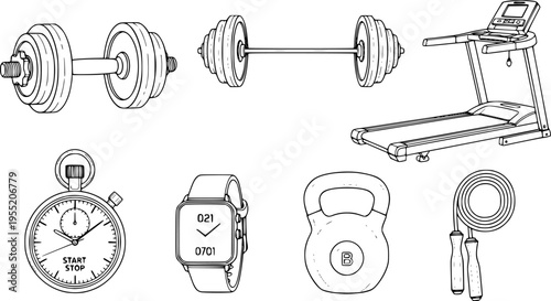 Fitness equipment, gym tools, workout gear, dumbbell, barbell, treadmill, stopwatch, smartwatch, kettlebell, jump rope, cad drawing flat vector illustration