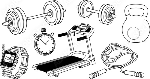 Fitness equipment, gym tools, workout gear, dumbbell, barbell, treadmill, stopwatch, smartwatch, kettlebell, jump rope, cad drawing flat vector illustration
