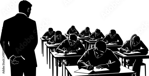 Silhouette of teacher or supervisor monitoring group of students during exam sitting at desks and writing in classroom, educational assessment concept