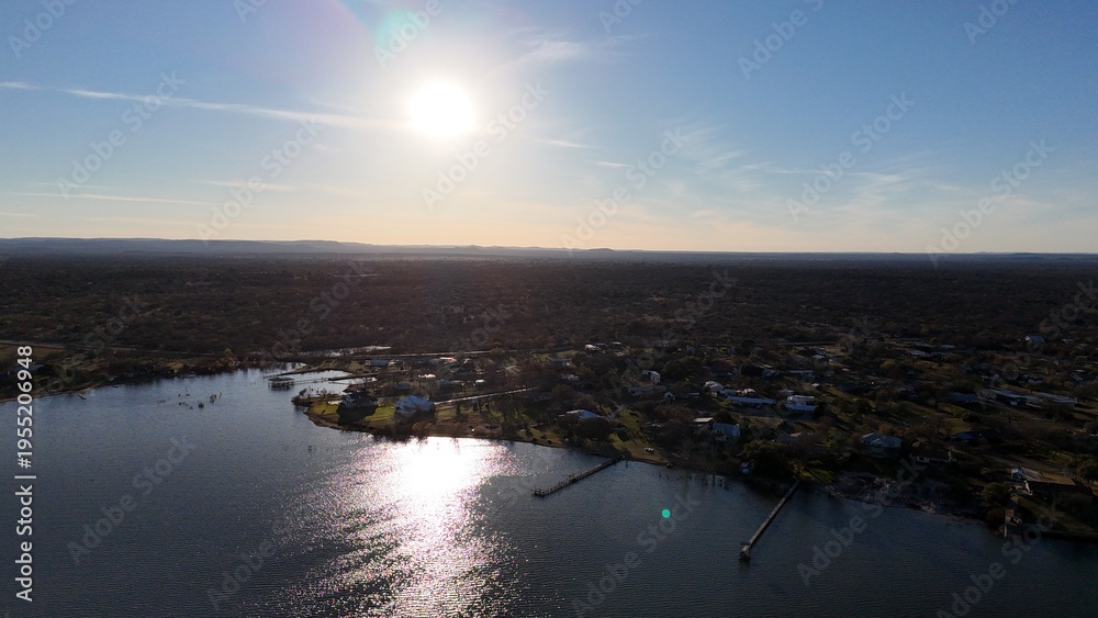 Fototapeta premium Aerial scenes of Lake Buchanan in the Central Texas Hill Country during sunset