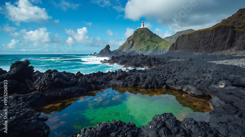 Serene Coastal Scene with Lighthouse on Rocky Shore and Vibrant Tide Pool, New Zealand Landscape
