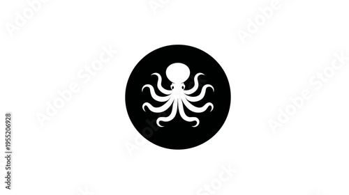 A stark white octopus silhouette centered in a black circle against a blank white backdrop