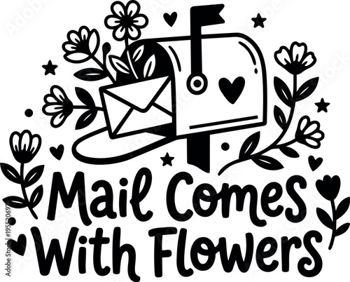 Mail comes with flowers black and white floral mailbox illustration