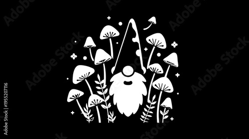 A white illustration of a gnome surrounded by mushrooms and plants on a black background
