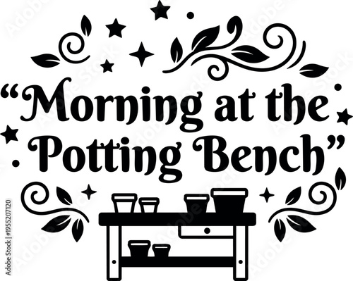 Morning at the potting bench black and white floral vector art