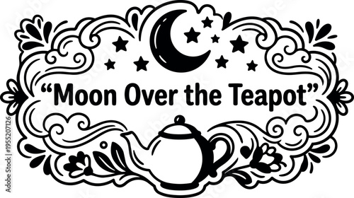 Moon over the teapot decorative black and white vector art with crescent and stars