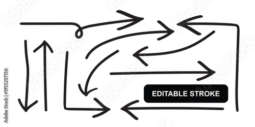 Editable stroke arrows and lines collection isolated on transparent background diverse pointing directions circular paths hand drawn creative graphic design elements