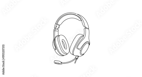 Gaming Headset with Microphone Line Art Illustration Isolated on White Background