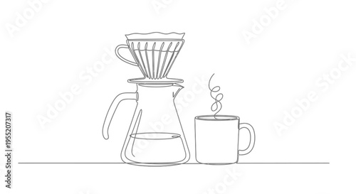 Coffee Pour Over Brewing Setup with Steaming Mug Continuous Line Art Illustration Isolated