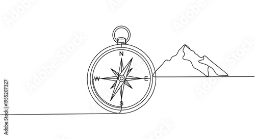 Compass Mountain Continuous Line Drawing for Outdoor Adventure Isolated on White Background