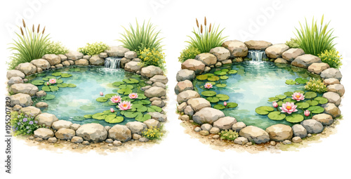 A watercolor vector set of garden ponds with water lilies for landscape design, nature scenes and decorative elements