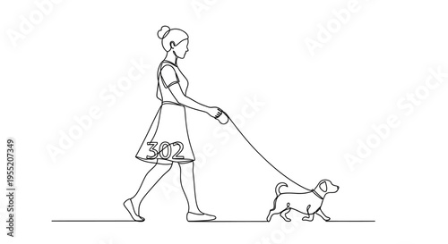 Woman Walking Dog on Leash, Continuous Line Drawing Isolated on White