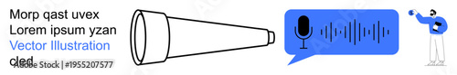 Public speaking, sound amplification, communication, voice recording, media, social interaction. Megaphone, speech bubble with microphone person speaking. Communication and sound amplification
