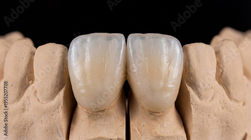 Macro view of two ceramic front teeth crowns on dental plaster model against black background, detailed closeup of professional prosthetic dentistry work, precision dental restoration concept.