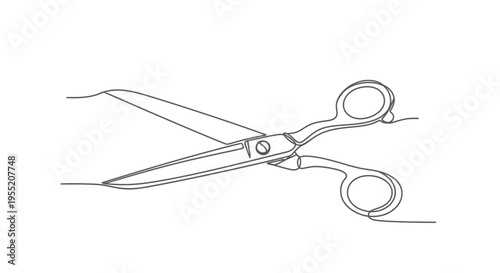 Scissors Cutting Paper Continuous Line Art Isolated on White