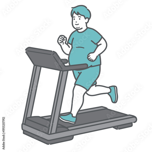 トレッドミルで笑顔でランニングをするぽっちゃり体型の男性のイラスト