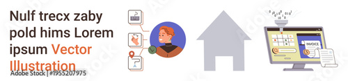 Invoice processing, home-based work, data security, digital files, financial tasks, technology usage. Visual of a man, a house icon and a computer displaying an invoice. Invoice processing