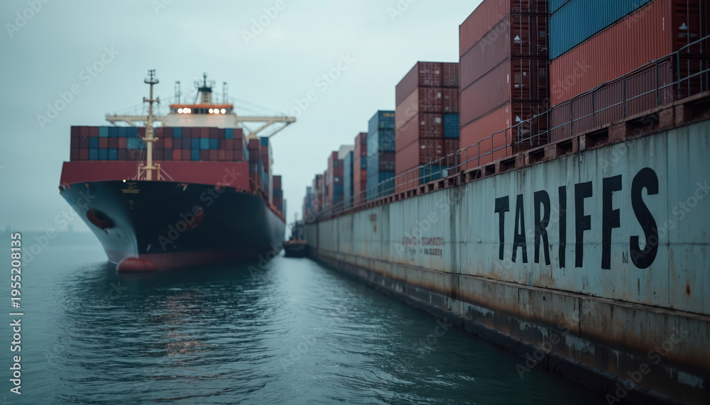 Fototapeta premium Large cargo ships loaded with containers sit side by side in a foggy harbor. One ship has the word TARIFFS painted on its side, symbolizing global trade economics and import export challenges.