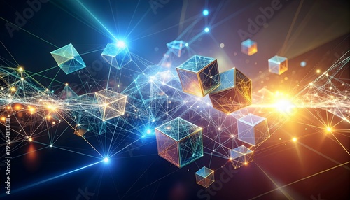 Floating geometric cubes and pyramids connected by luminous light threads and glowing digital data network particles.