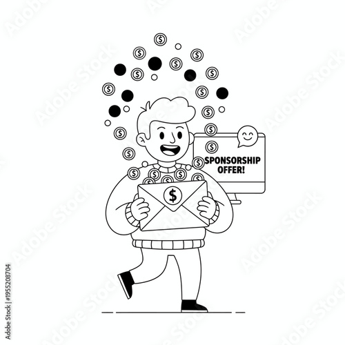 Man holding sponsorship offer envelope with money raining down.