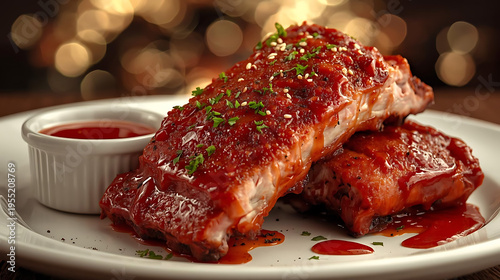 Delicious BBQ ribs on a plate with sauce, ready to eat, savory food, meat dish, culinary delight, restaurant quality, appetizing, mouthwatering, foodie, yummy, tasty, plate of ribs, ribs with sauce,