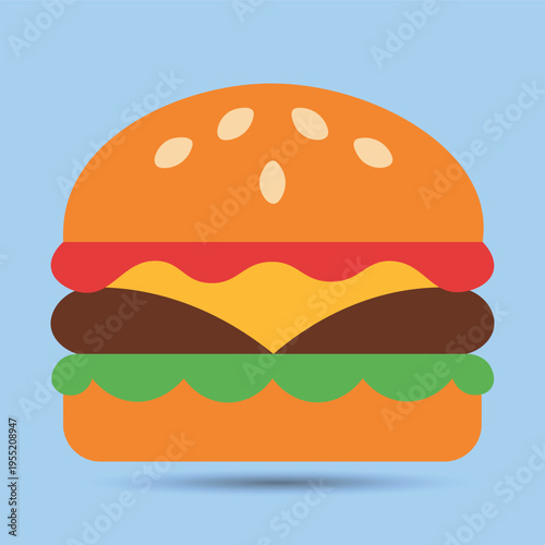 Bright Delicious Hamburger Illustration with Sesame Seed Bun and Classic Toppings