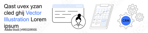 Business strategy, customer management, data analysis, automation tools, productivity optimization, process flow. icons of graphs, CRM gear and profile avatar. Business strategy and customer