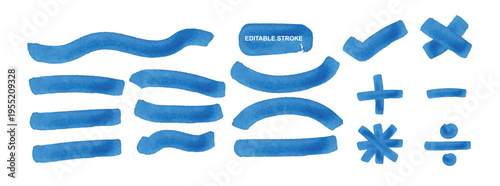 Large set of blue watercolor hand drawn elements including various brush strokes, mathematical symbols, check mark, and multiplication x, isolated on a transparent background