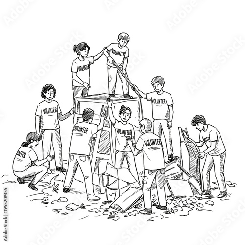 Group of volunteers building a structure with cardboard boxes outdoors  