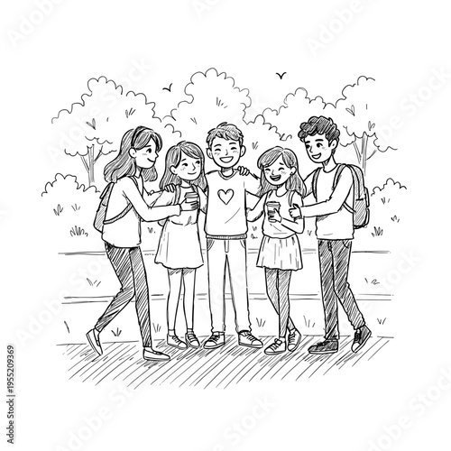 Five young friends smiling and taking selfies in a park setting  