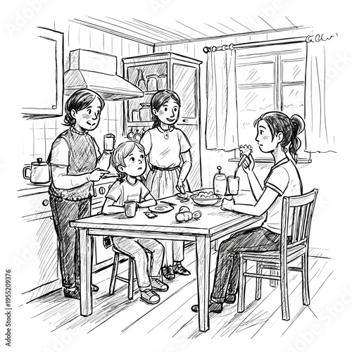 Family gathering around table enjoying meal in cozy kitchen  