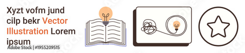 Education, creativity, problem solving, goals, innovation, success. Open book with a light bulb, tangled line to solution on a clipboard and a star icon. Education and creativity concept