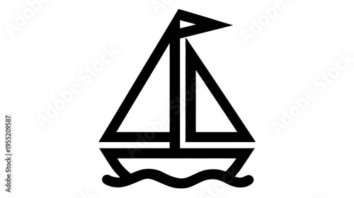 Black and white illustration of a boat, featuring a triangular sail and wavy base