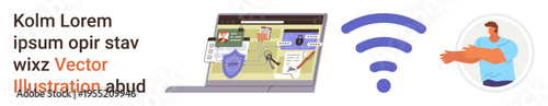 Digital privacy, cybersecurity, authentication, online protection, virtual communication, network safety. Laptop displaying secure interface, wireless signals person illustration. Cybersecurity