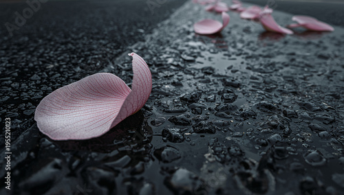 地面すれすれの構図で雨に打たれた桜の花びらが路面へ張り付く春の終わり